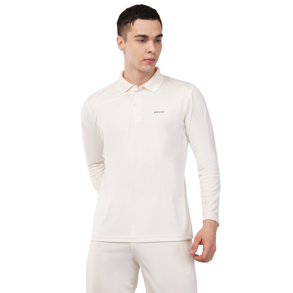 Novelty Quick Dry Cricket Polo T-Shirt - Full Sleeves - Off White