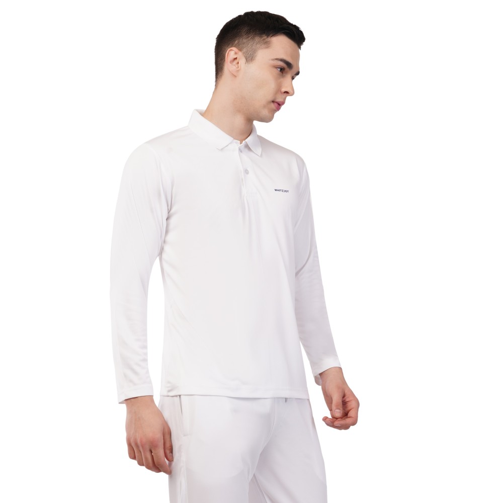 Novelty Quick Dry Cricket Polo T-Shirt - Full Sleeves - White