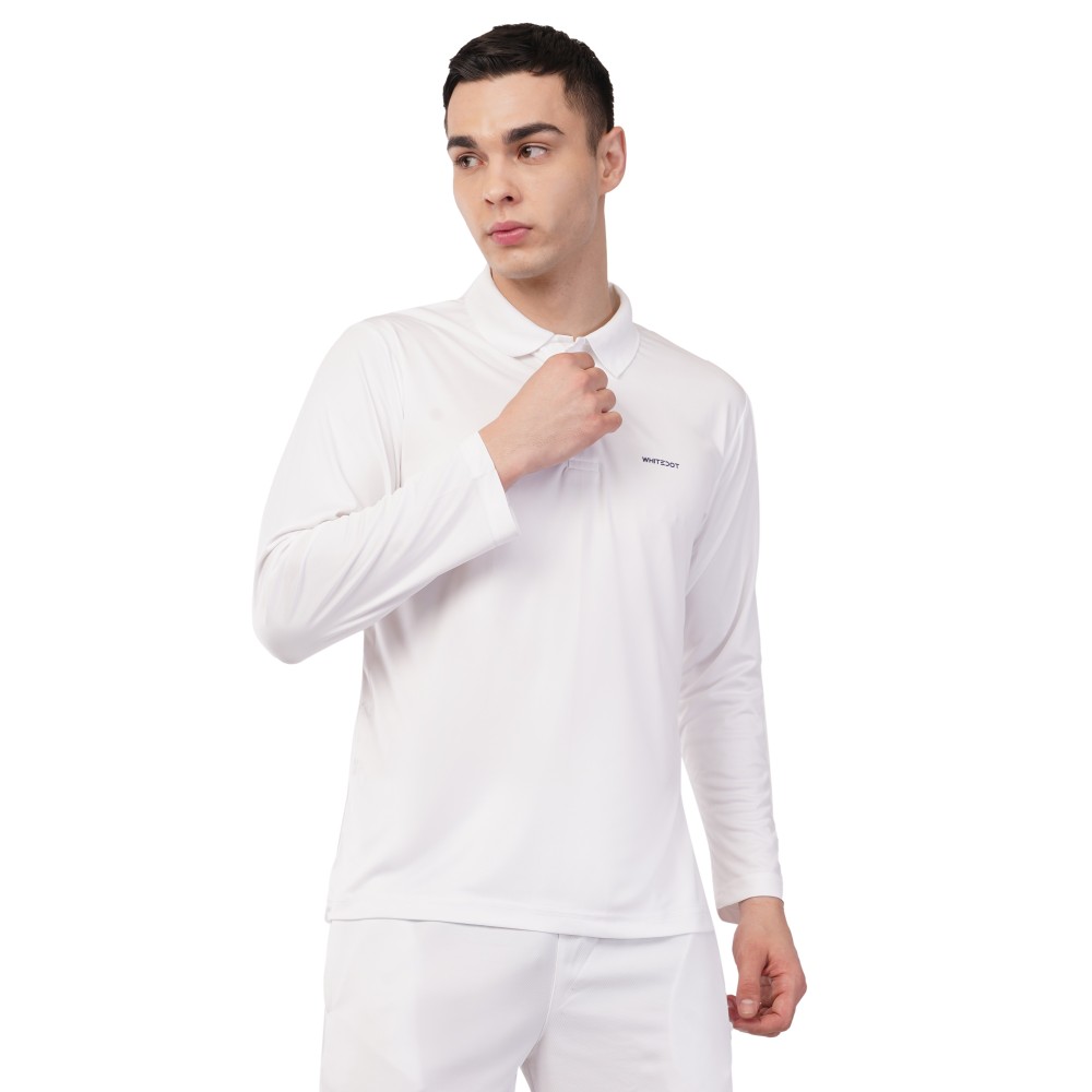Novelty Quick Dry Cricket Polo T-Shirt - Full Sleeves - White