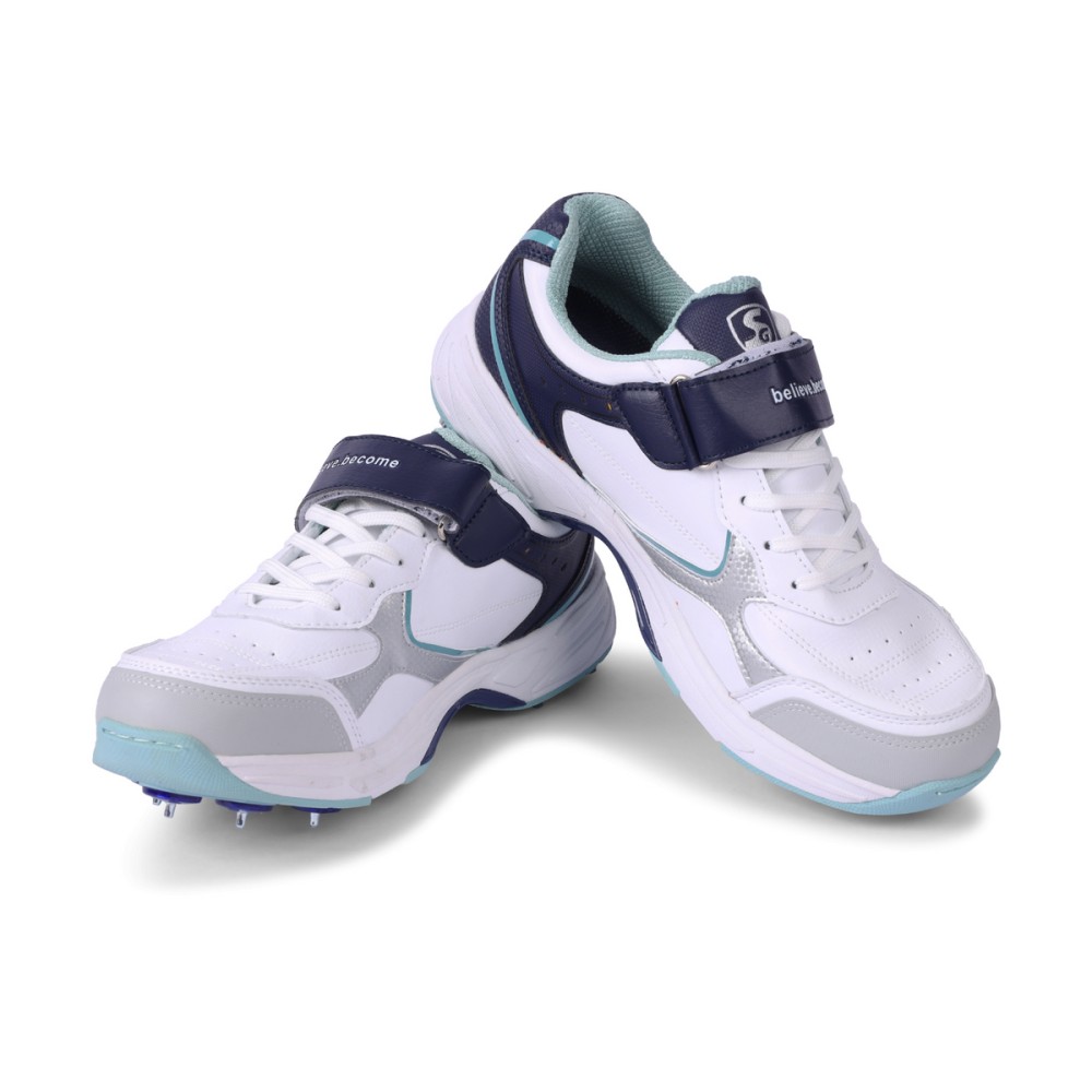 SG ARMOUR SPIKE Cricket Shoes (WHITE/NAVY/TEAL): Unlock Peak Performance with Biomechanically Engineered Design and Advanced Stability, Uk-6, White/navy/teal