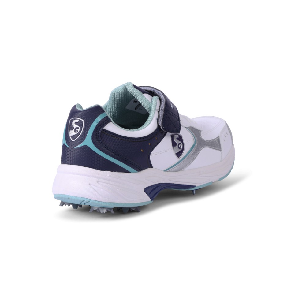 SG ARMOUR SPIKE Cricket Shoes (WHITE/NAVY/TEAL): Unlock Peak Performance with Biomechanically Engineered Design and Advanced Stability, Uk-6, White/navy/teal