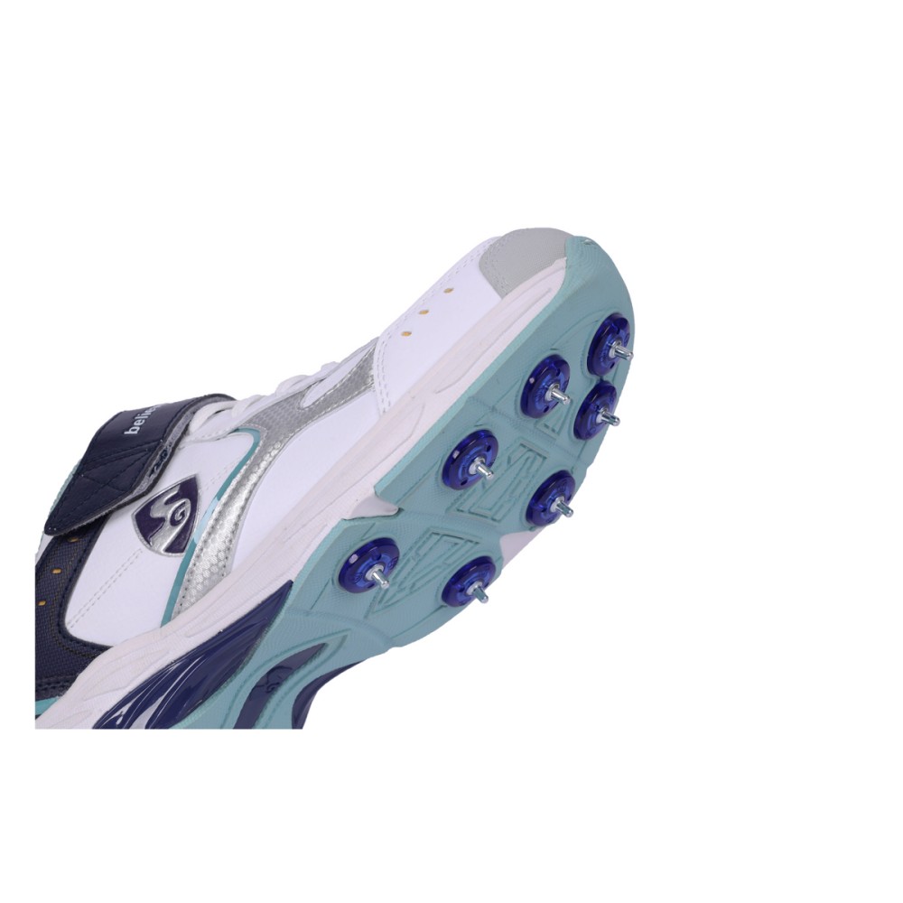 SG ARMOUR SPIKE Cricket Shoes (WHITE/NAVY/TEAL): Unlock Peak Performance with Biomechanically Engineered Design and Advanced Stability, Uk-6, White/navy/teal