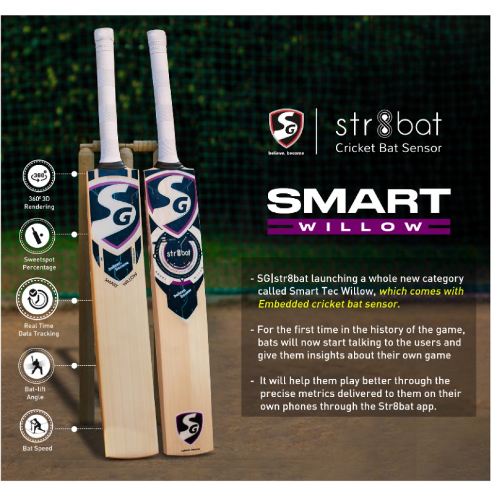 SG Smart Willow English Willow Cricket Bat with SG|Str8bat Sensor, sh