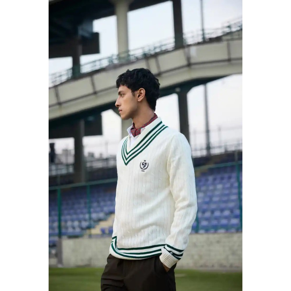 SG The Pavilion Cricket Pullover (Green), S, White / Green