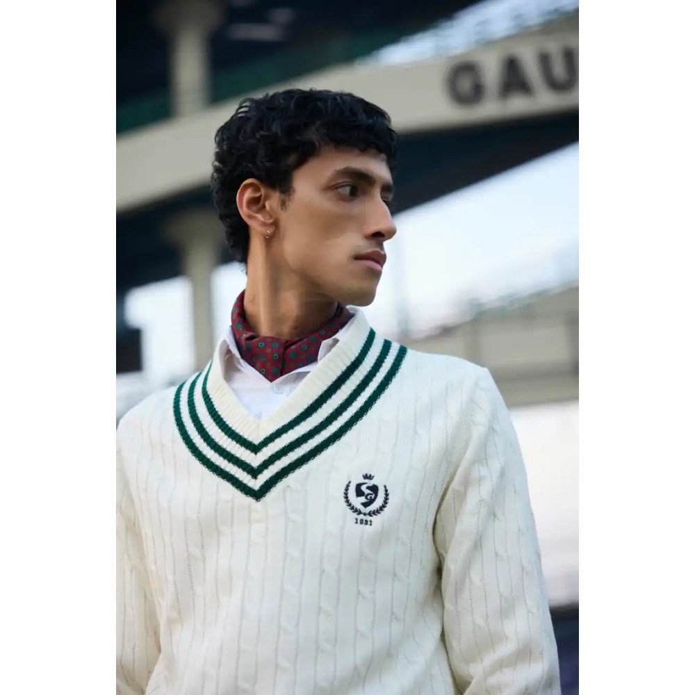 SG The Pavilion Cricket Pullover (Green), S, White / Green